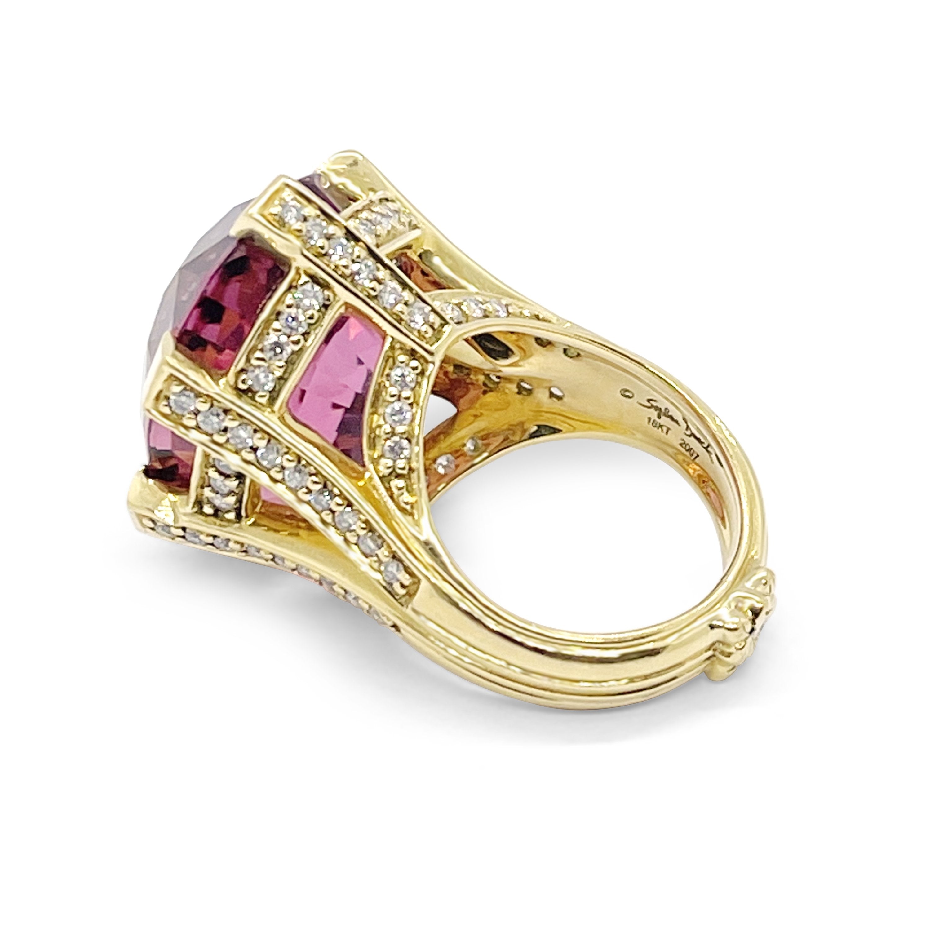 African Pink Tourmaline with Diamond Accent set in 18k Yellow Gold Ring