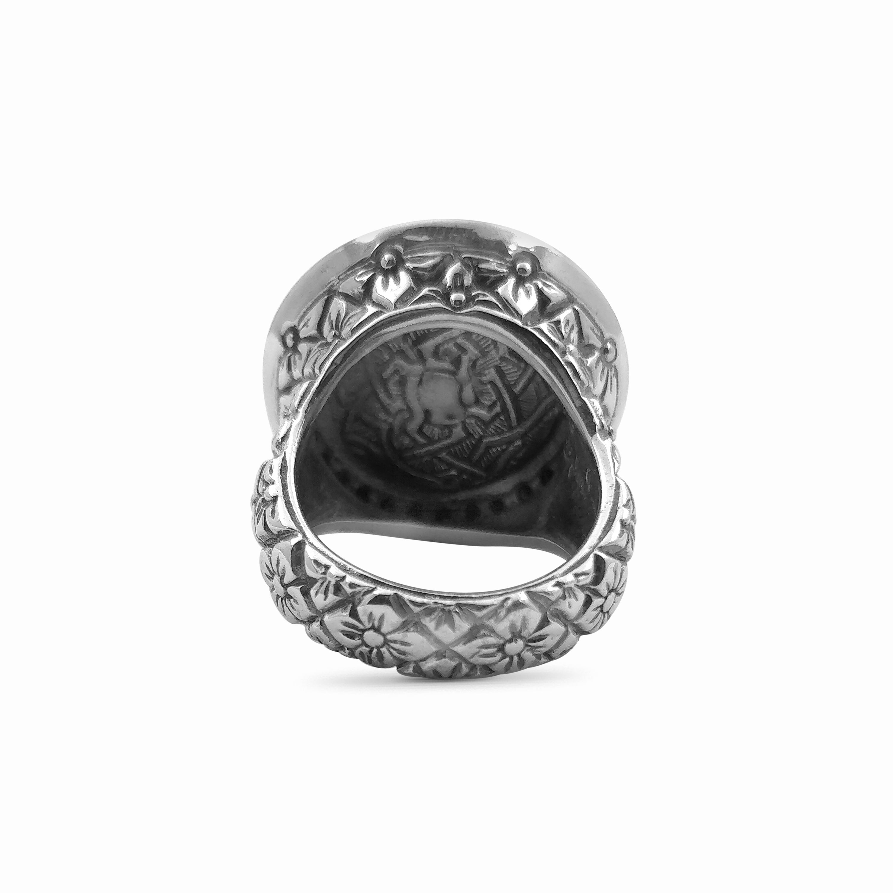 18MM Round Black Vein Tibetan Turquoise Ring in Sterling Silver with 0.55 Carats Black Diamonds