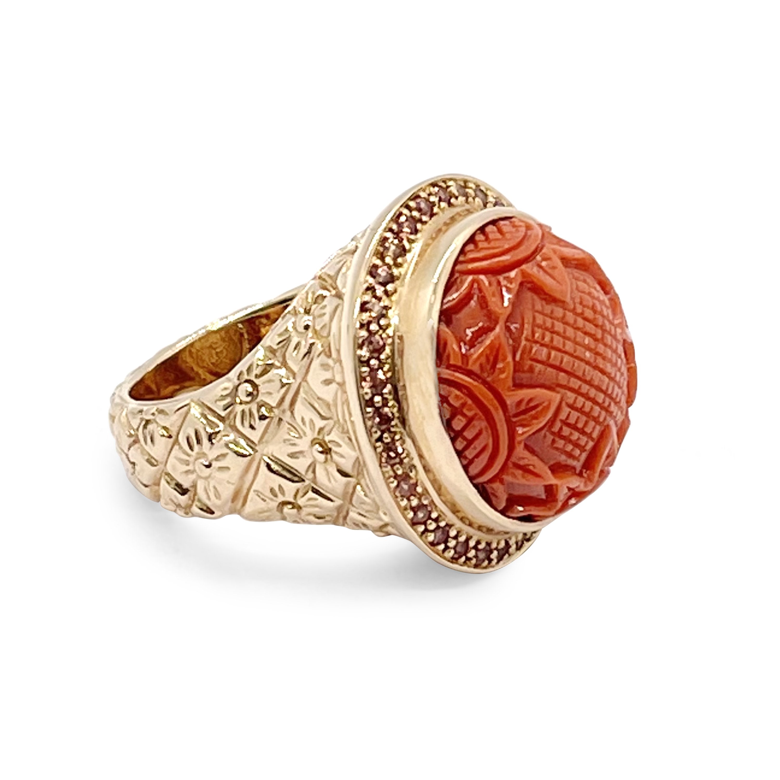 Carved Coral & Pink Sapphire Ring in 18k Yellow Gold