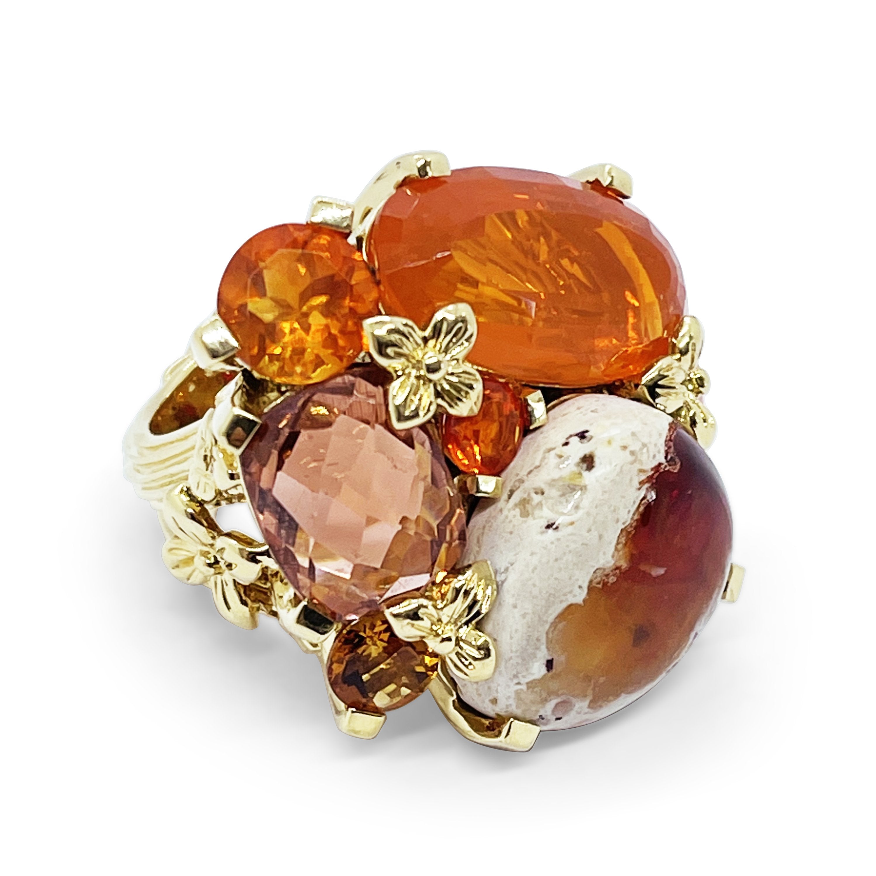 Luxury Collection Faceted Fire Opal Ring with Tourmaline and Orange Citrine set in 18k Yellow Gold