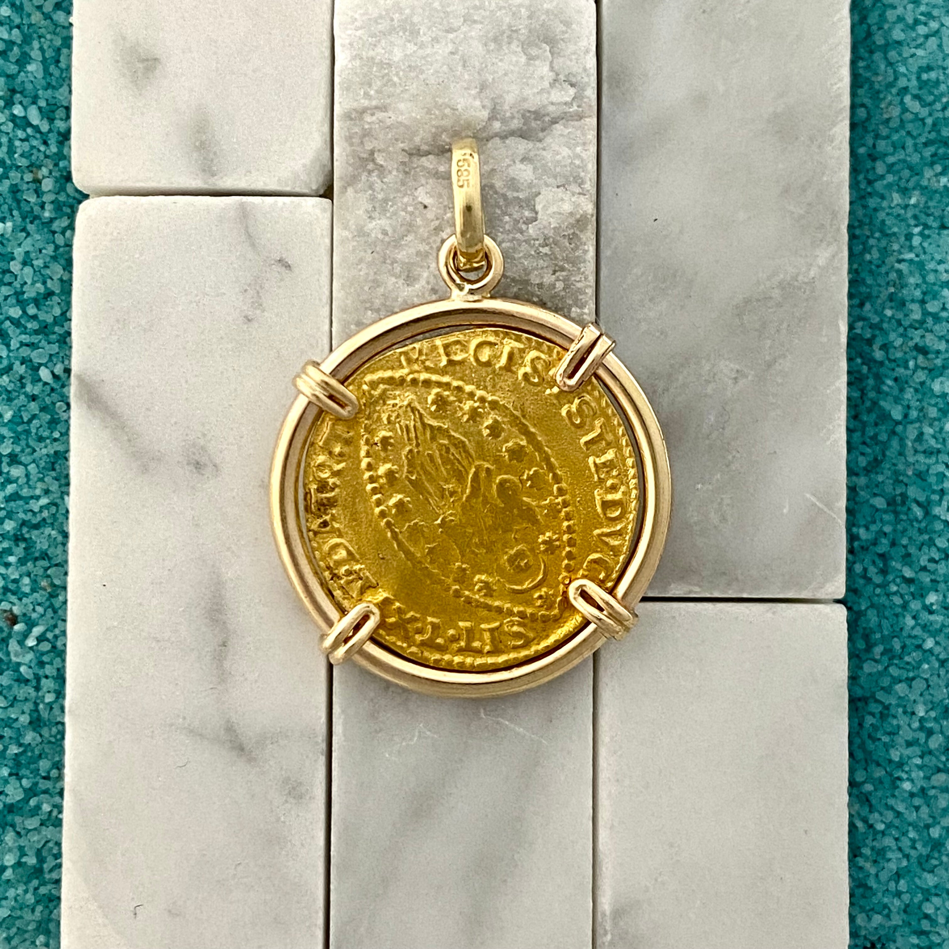 Italian States Venice Coin Circa 1570-1577 14k Yellow Gold Bezel Pendant