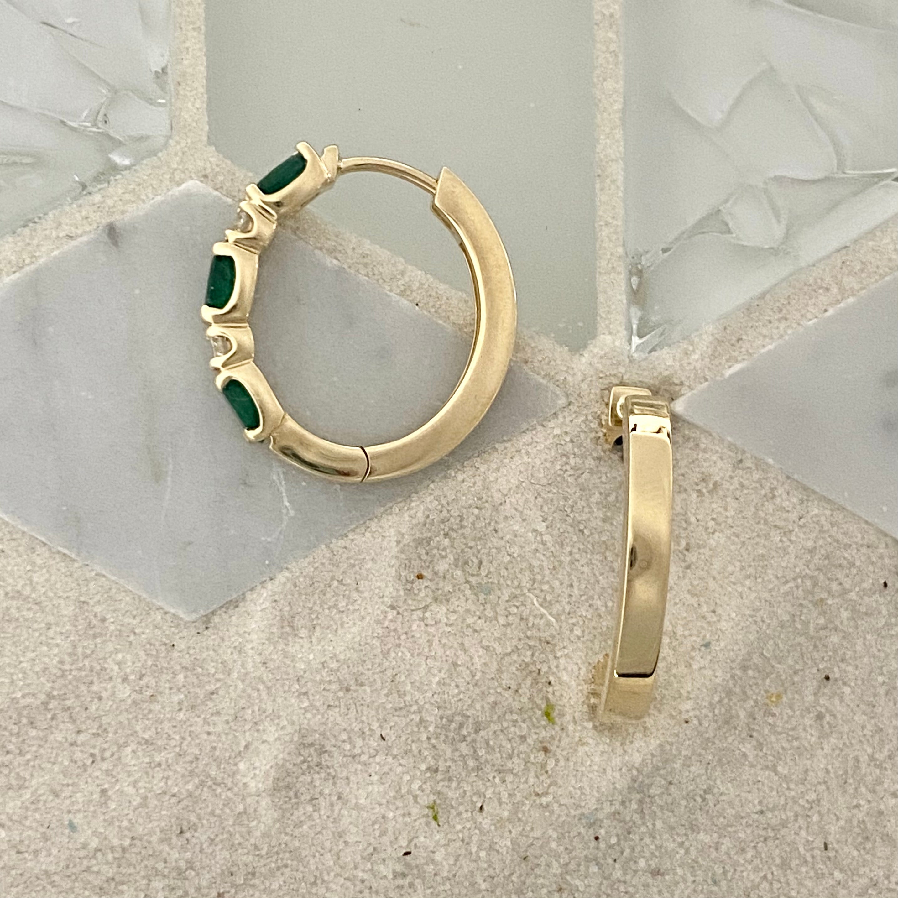 14k Yellow Gold 1.37cttw Emerald And .31cttw Diamond Hoop Earrings