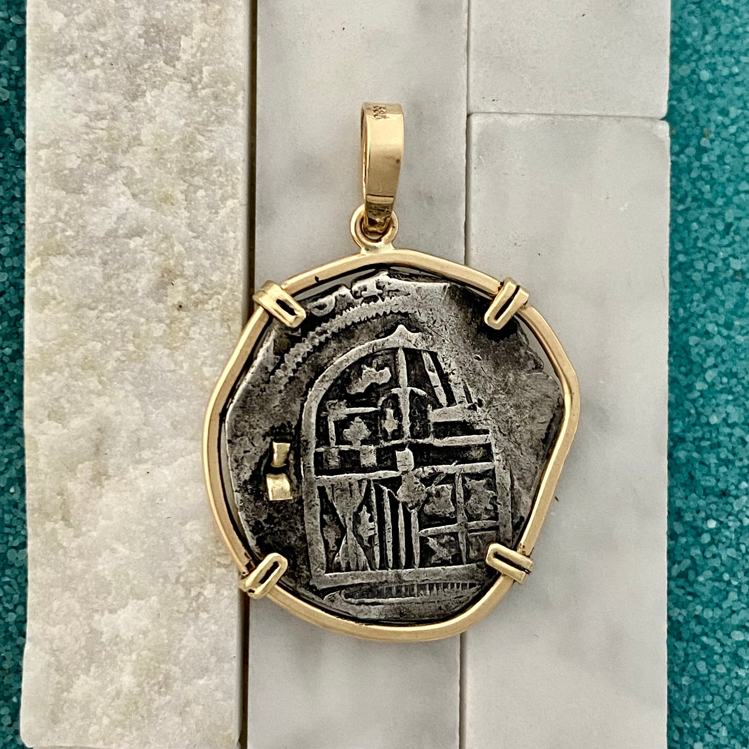 2 Reales Mexico City Mint Dated Circa 1620-1645 14k Yellow Gold Bezel With Emerald Treasure Coin Pendant