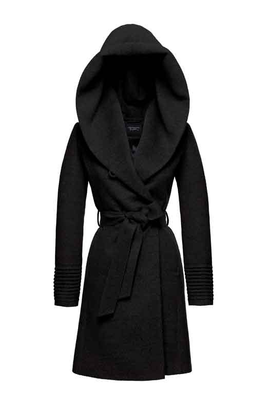 SENTALER Luxury Outerwear: Mid Length Hooded Wrap Coat - Black