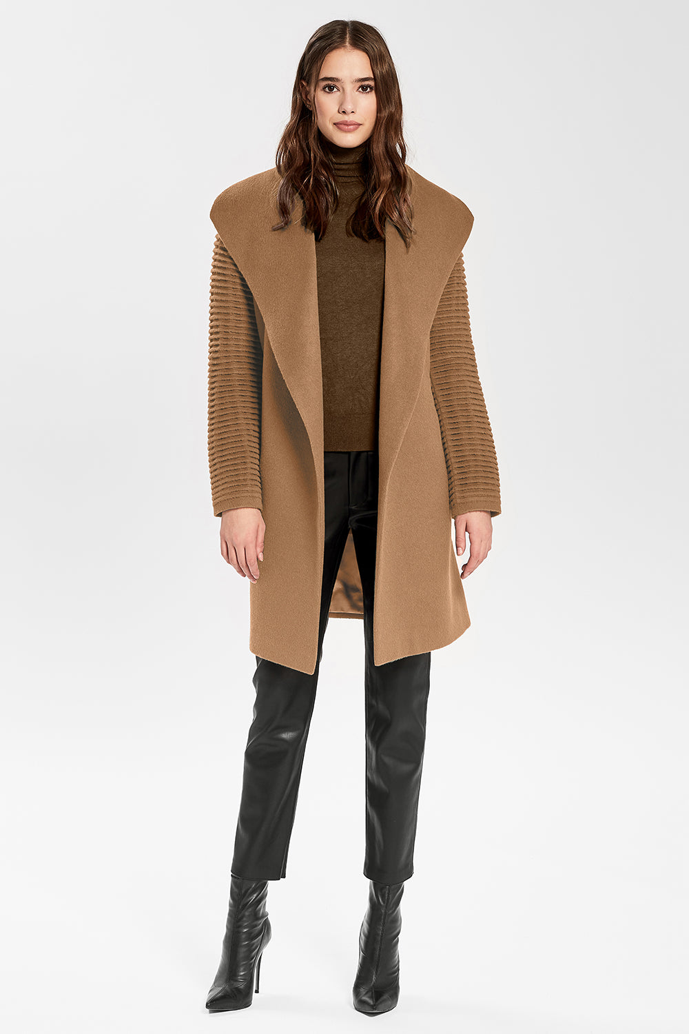 Mid Length Shawl Collar Wrap Coat with Ribbed Sleeves – SENTALER