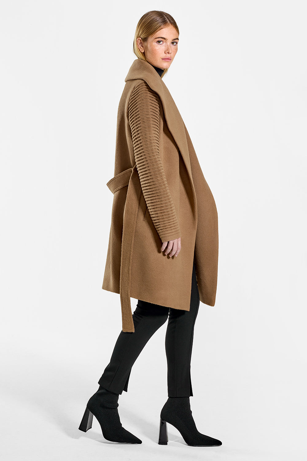 Mid Length Shawl Collar Wrap Coat with Ribbed Sleeves – SENTALER