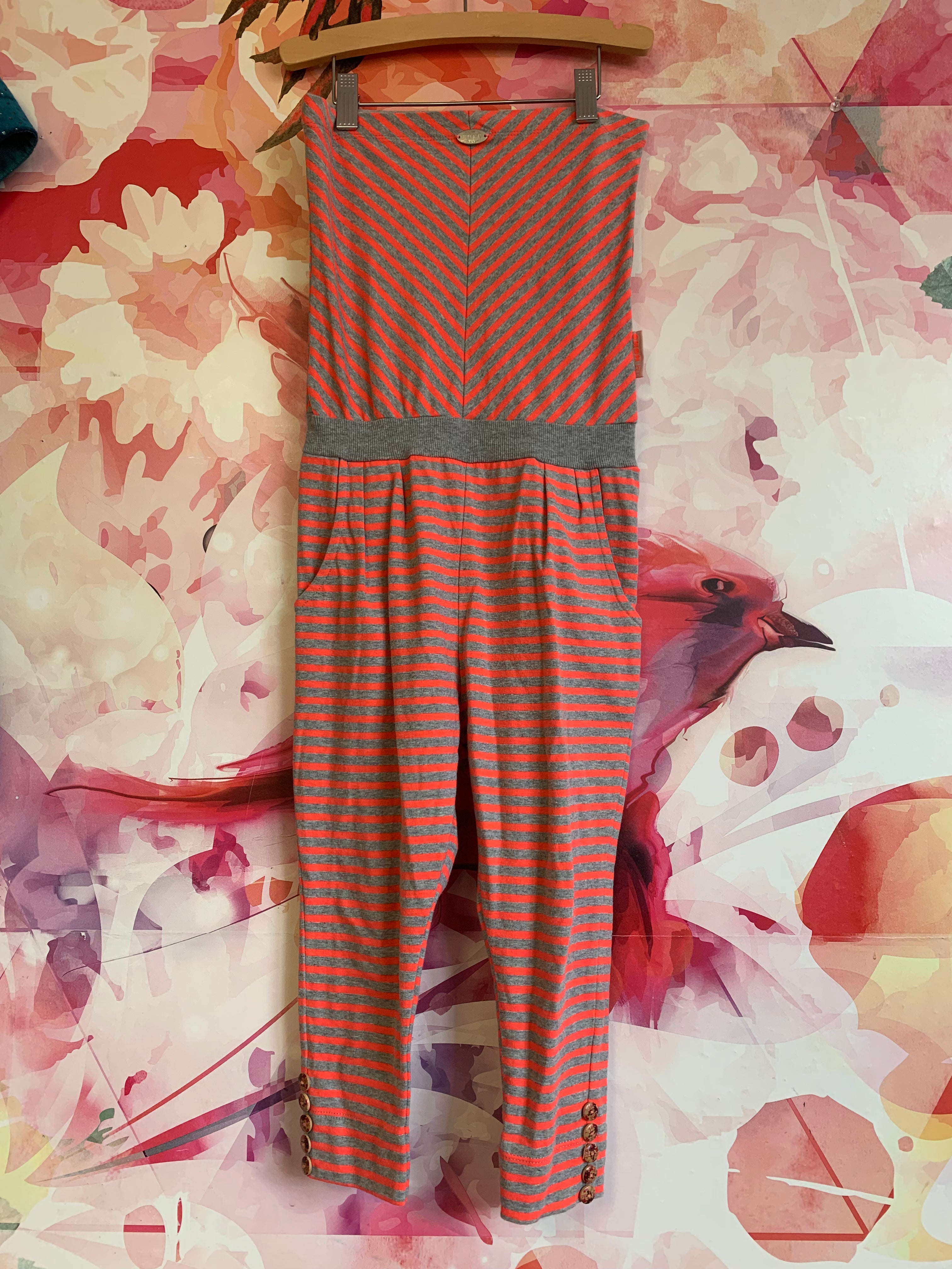 NONO bright Orange & grey stripe strapless romper with pockets and elastic waist. Size 8