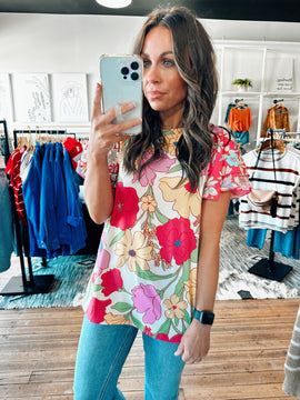 Ivory/Fuchsia Floral Print Top