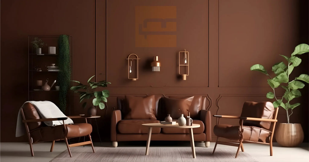 A living room with brown walls and a brown sofa