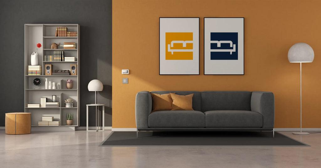 Gray Sofa with orange wall