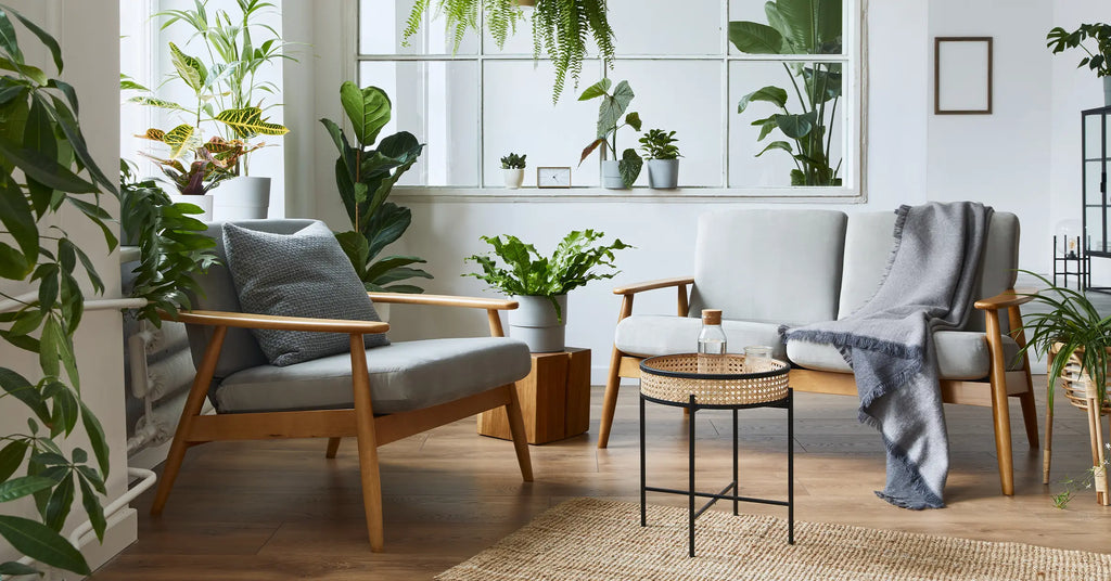 Modern scandinavian interior of living room with design grey sofa, armchair, a lot of plants, coffee table, carpet and person