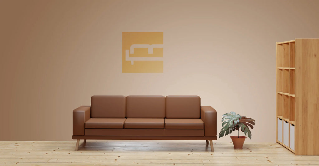 Realistic 3d render of brown leather sofa beige wall background and book shelf