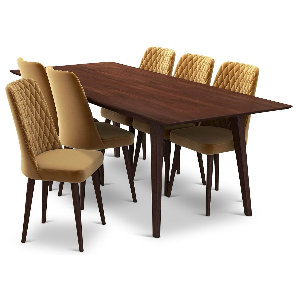 Adira (XLarge - Walnut) Dining Set with 6 Evette (Gold Velvet) Dining Chairs - MidinMod product image