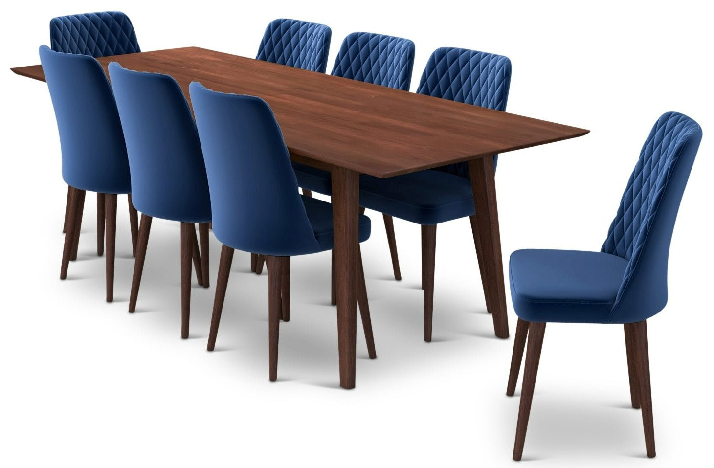 Adira (XLarge - Walnut) Dining Set with 8 Evette (Blue Velvet) Dining Chairs - MidinMod product image