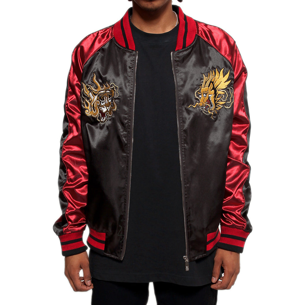 Misunderstood Black & Red Satin Embroidery Bomber Souvenir Jacket ...