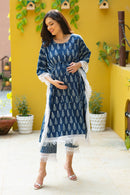 Luxe Indigo Ikat Maternity & Nursing Kaftan Coord Set (100% Cotton) (2 pc) momzjoy.com