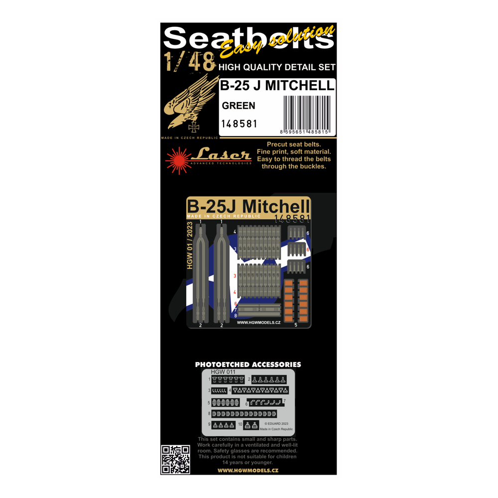 HGW 1/48 scale B-25J Mitchell (green) fabric seatbelts and PE buckles - 148581
