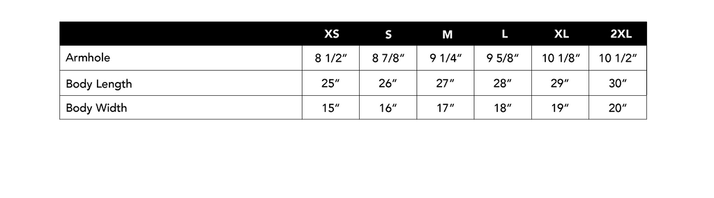 Size Chart for Women's Tank Top