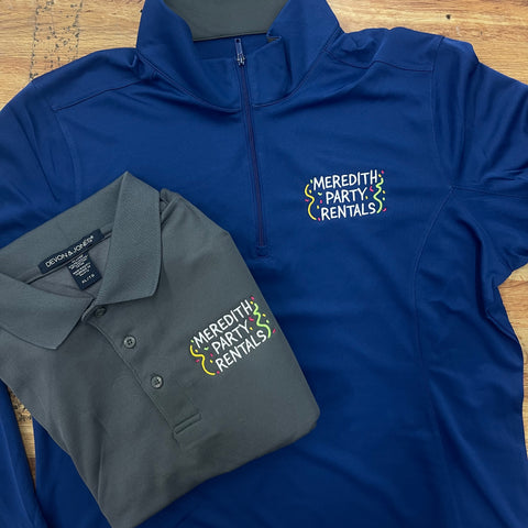 meredith party rentals embroidered quarter zip and polo