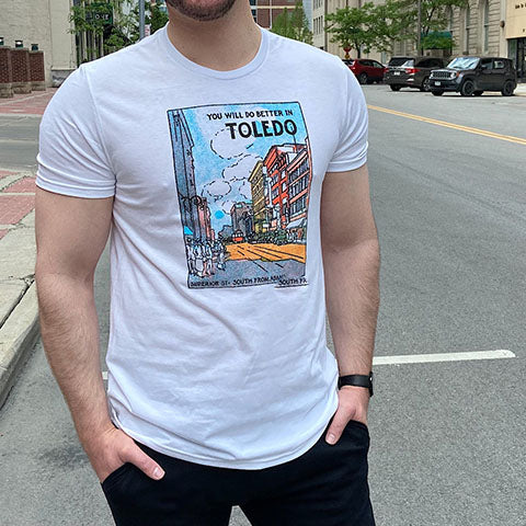 white t-shirt with vintage downtown Toledo print