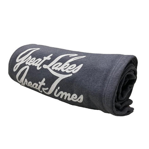 gray and white “great lakes, great times” sweatshirt blanket