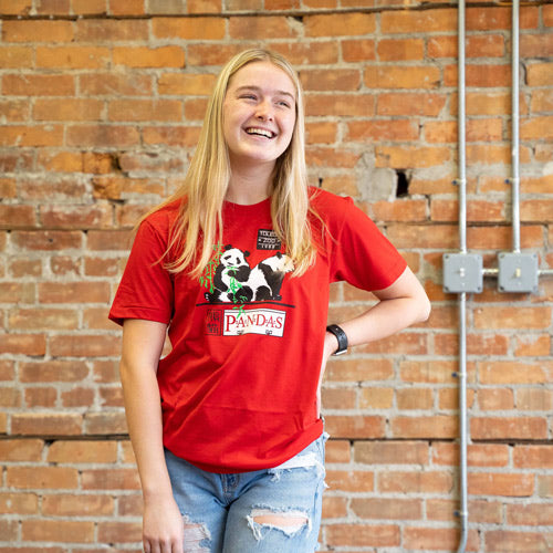 lady wearing red Toledo Zoo 1988 Panda Exhibit Shirt