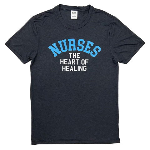 black shirt with text “Nurses. The Heart of Healing