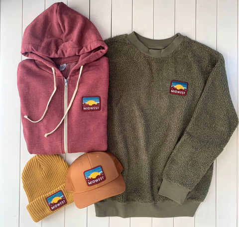 a zip hoodie, sweatshirt, ball cap, and winter beanie all with a custom midwest patch on them