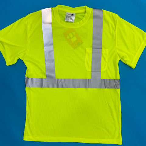 safety yellow shirt with retro-reflective strips vertically and across the middle