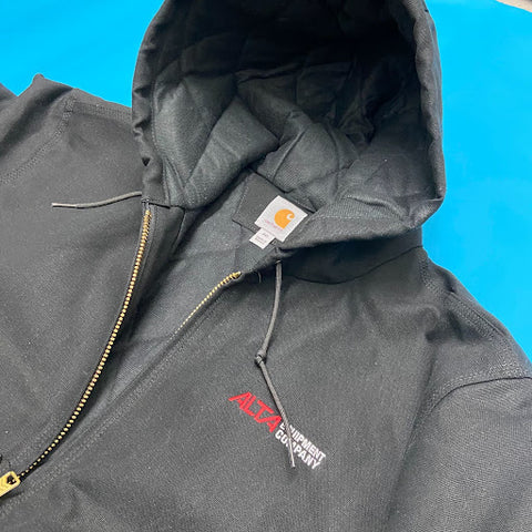 zip-up hoodie with embroidered company name
