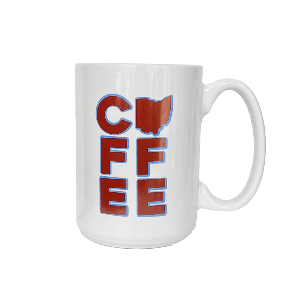 White ceramic coffee mug with "COFFEE" in red with blue outline with the "O" in the shape of Ohio.