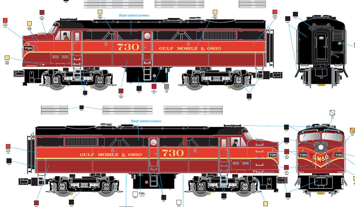 MTH Premier EMD F-7 A&B Unit Diesel engines – Gulf Mobile & Ohio