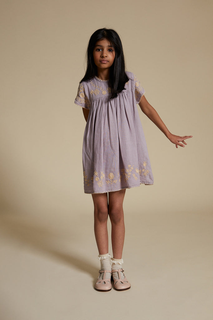 Apolina Stevie Kid's Organic Linen Embroidered Dress Wisteria