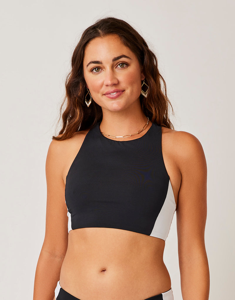 White Colour Block Halter Neck Top, Cropped Tops