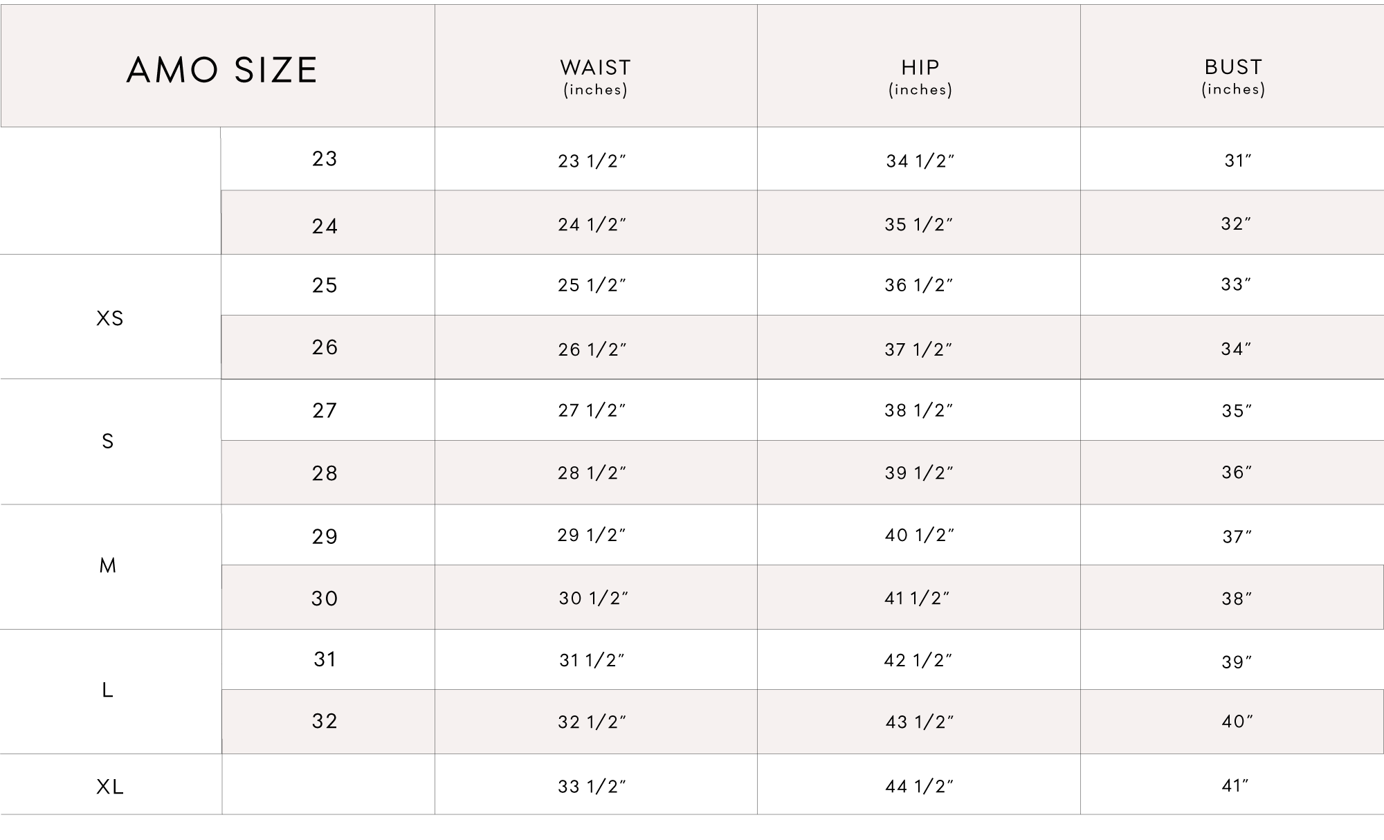 AMO Denim Size Chart