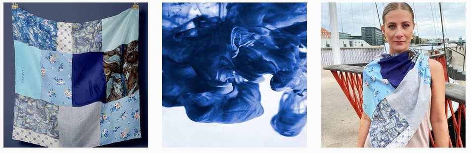 Susanne Schjerning Studio silketørklæde blåt patchwork gave smukt kvadratisk 65x65 cm