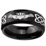8mm Irish Claddagh Beveled Edges Brush Black Tungsten Carbide Men's Ring