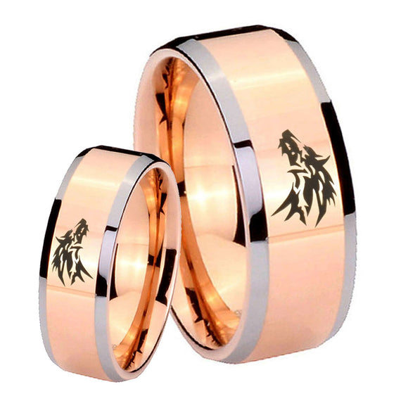 His and Hers Wolf Beveled Edges Rose Gold Tungsten Men's Promise Rings Set