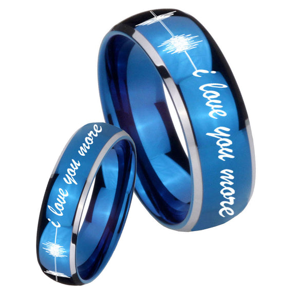 His Hers Sound Wave, I love you more Dome Blue 2 Tone Tungsten Rings for Men Set