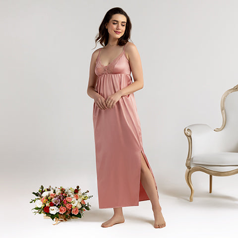 Model wearing amanté Satin Nightgown to promote comfort