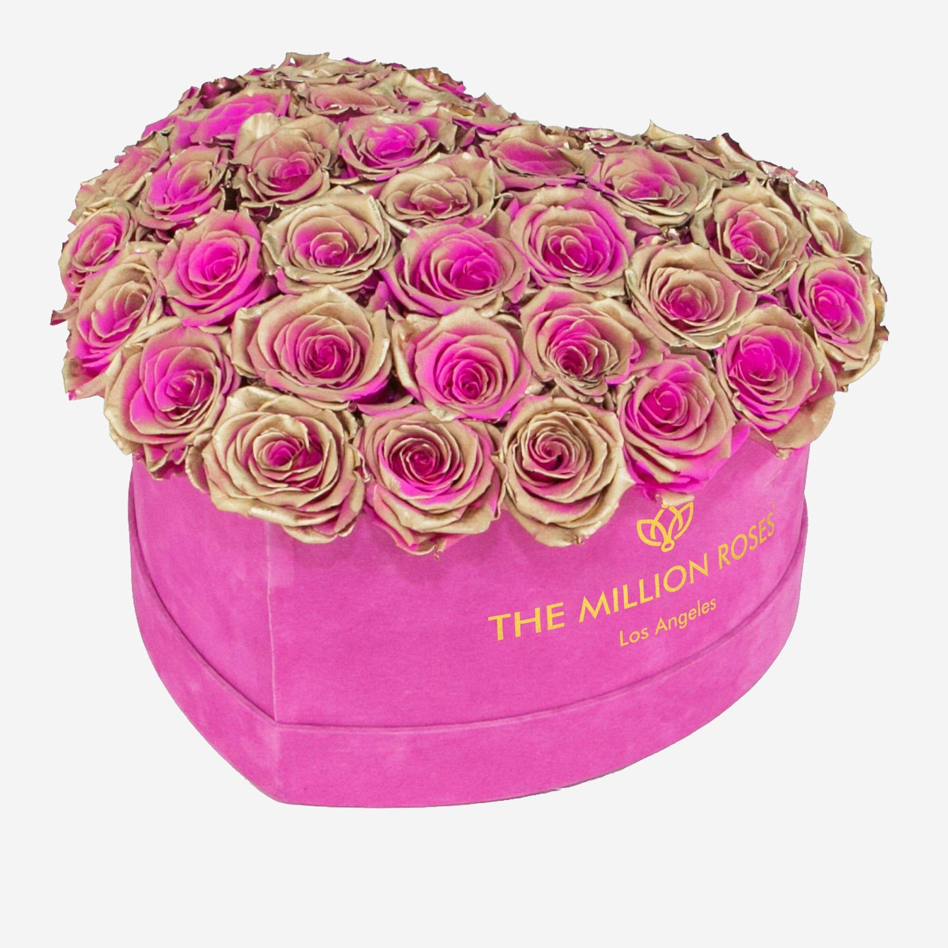 Heart Caja de Gamuza Rosado Intenso con Cúpula | Rosas Oro Rosa Neón | The  Million Roses