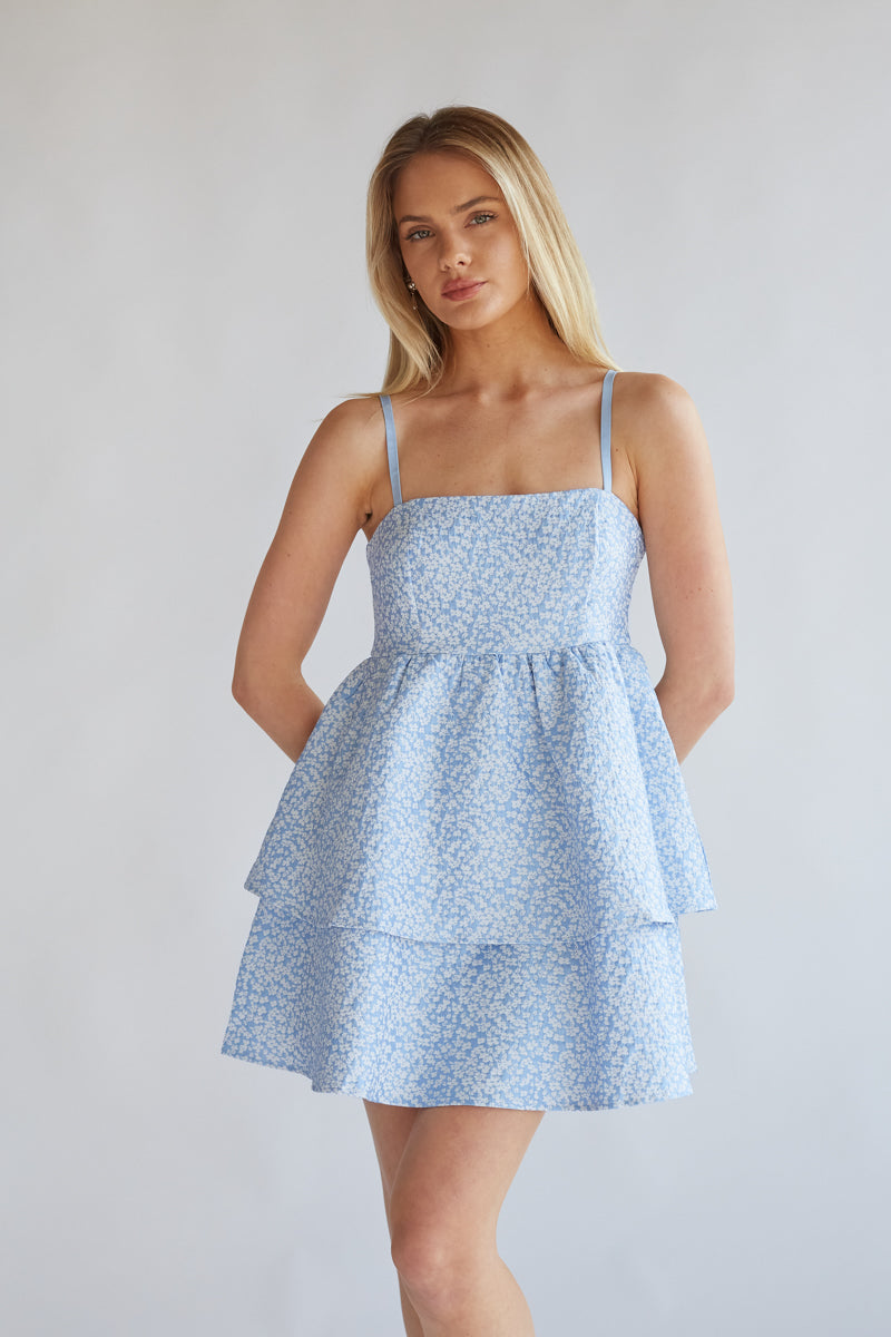 Eileen Floral Jacquard Tiered Babydoll Mini Dress