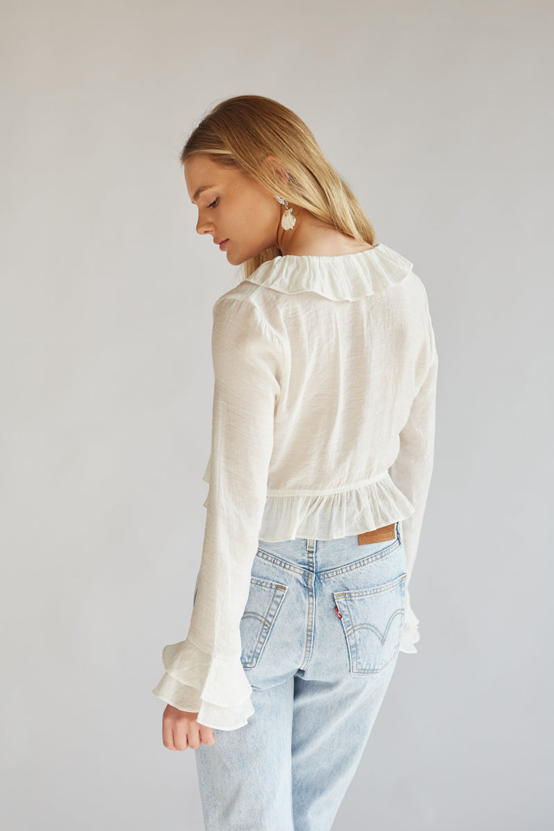 Lorraine Ruffled Long Sleeve Tie-Front Top