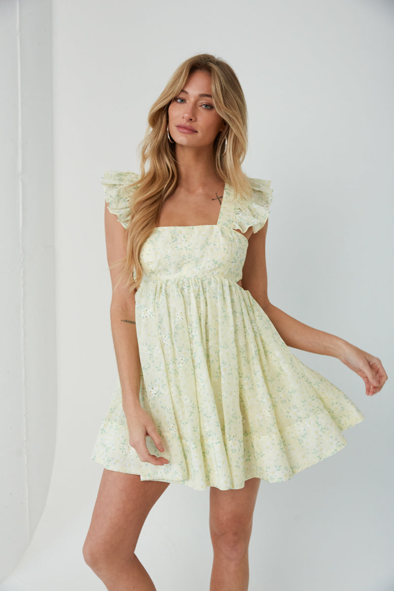 Cara Floral Eyelet Flutter Sleeve Babydoll Mini Dress