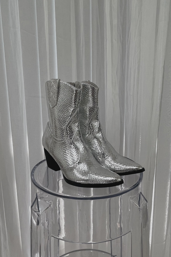 Bambi Silver Snake Western Ankle Boot