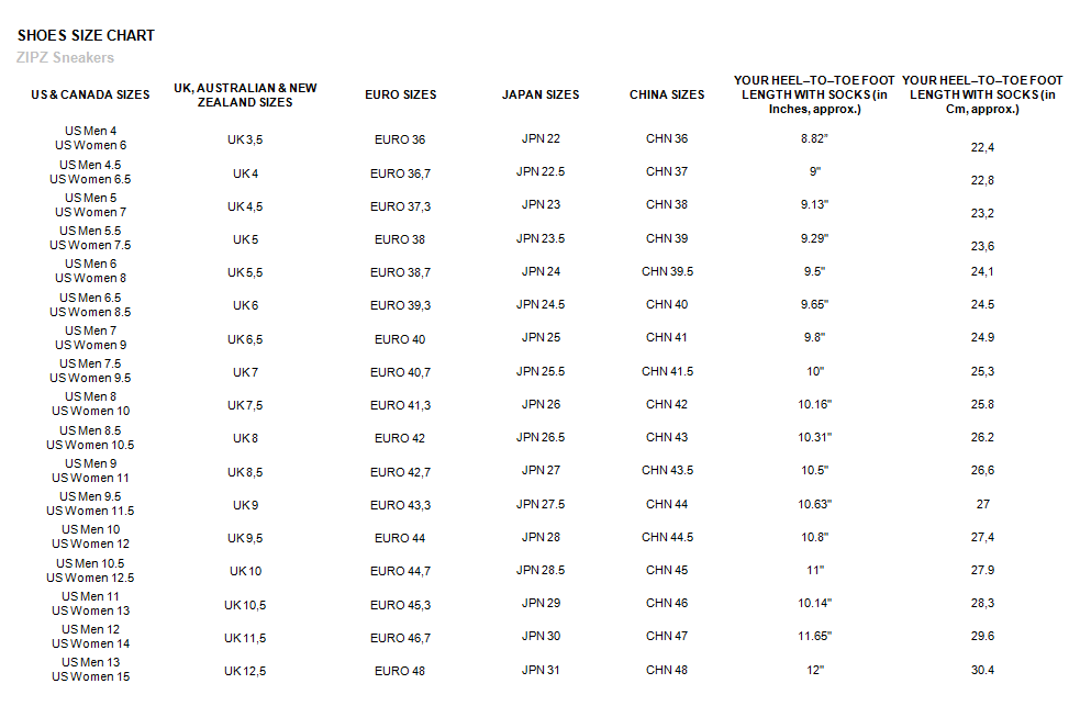 ZipZ Sneakers Shoes Sizes