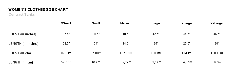 INTERNATIONAL WOMEN'S CLOTHES SIZE CHART - CONTRAST TANKS SIZE CHART