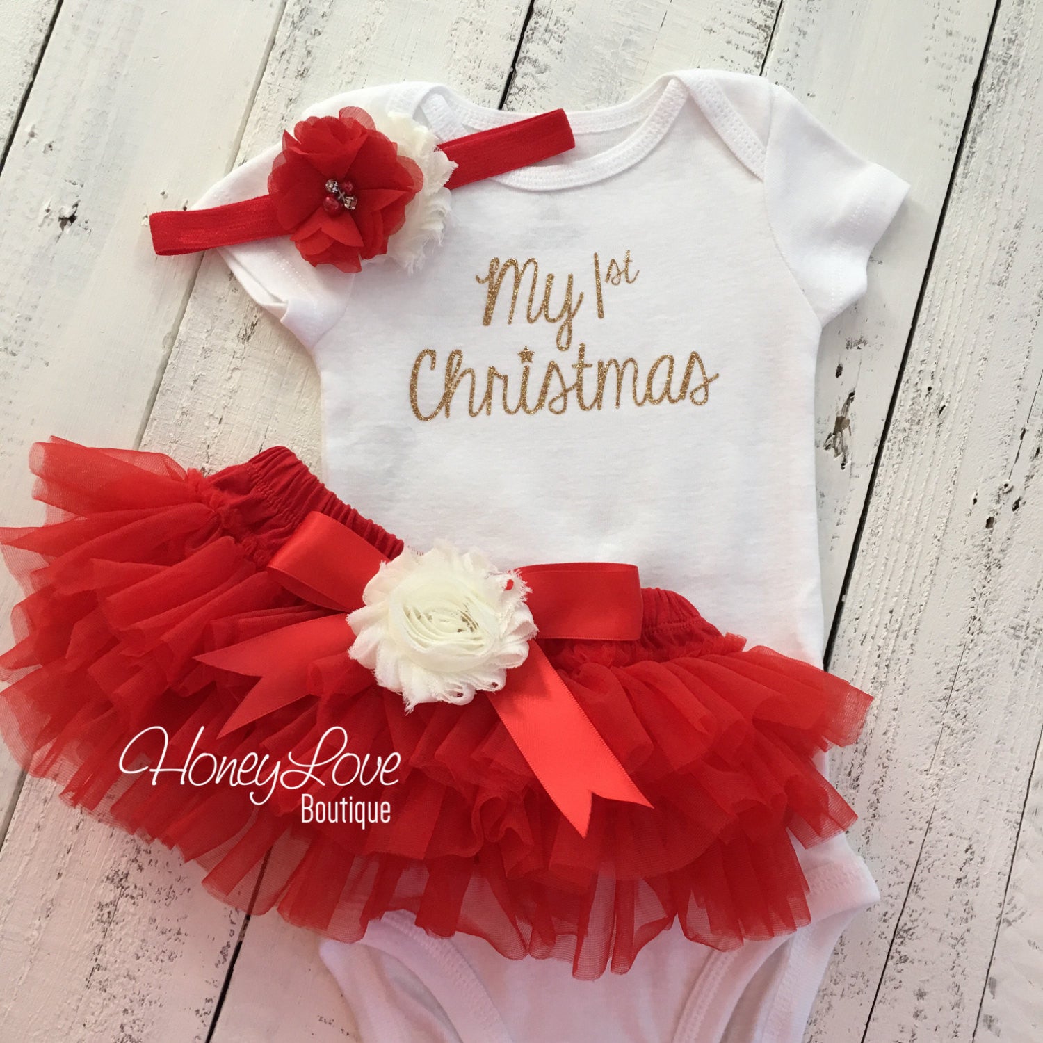 My 1st Christmas Outfit - Gold/Silver - Red and Ivory - Embellished tu -  HoneyLoveBoutique