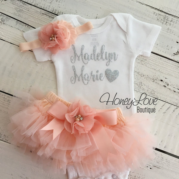 PERSONALIZED Name Outfit - Silver Glitter and Peach - embellished tutu ...