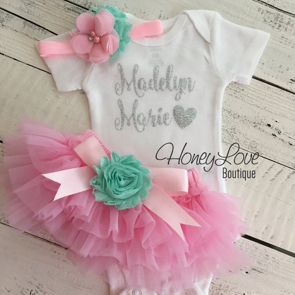 PERSONALIZED Name Outfit - Light Pink and Silver Glitter - Mint/Aqua f ...